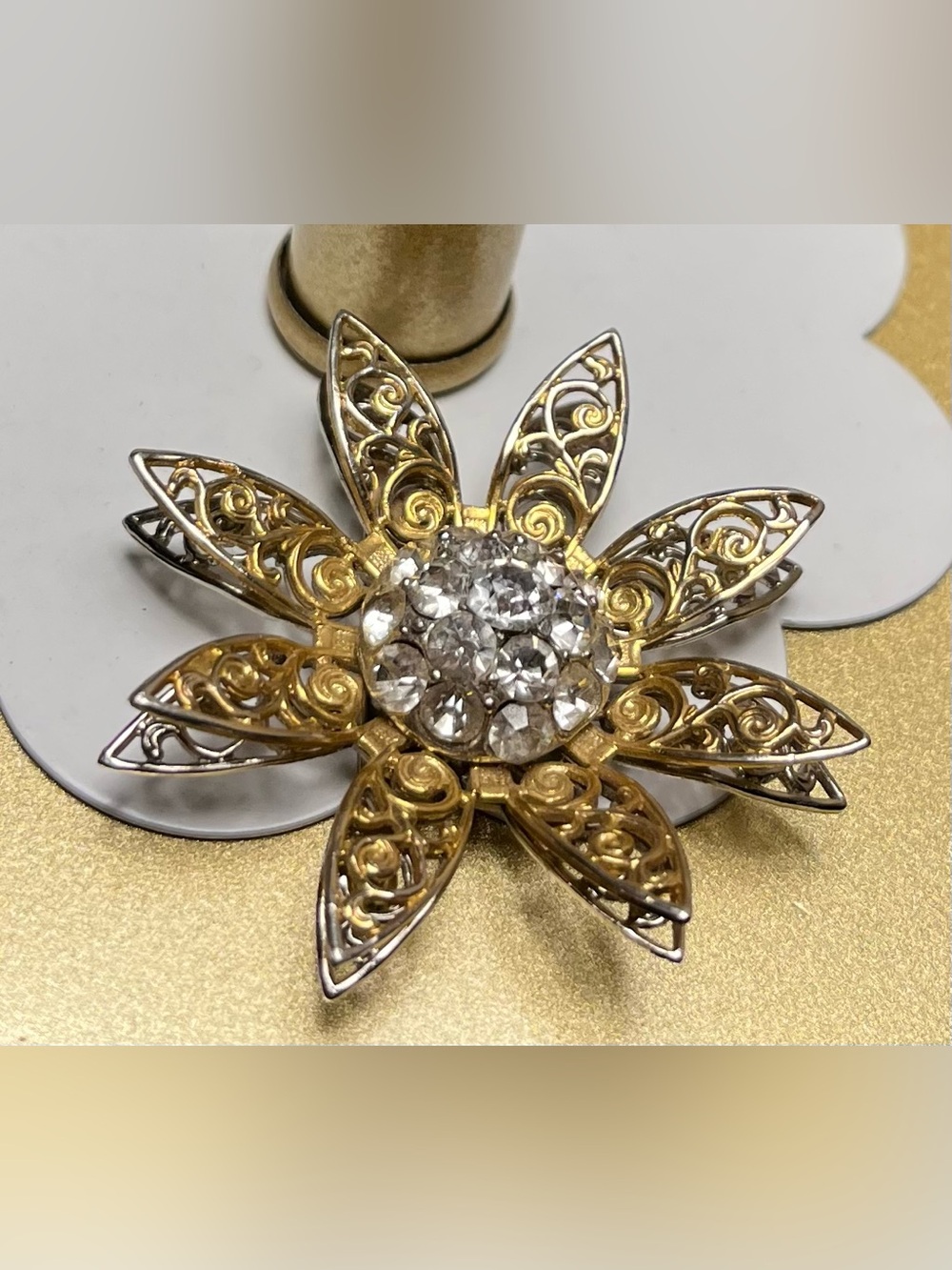 Gold & Silver Floral Filigree Brooch with Clear Crystal Cluster